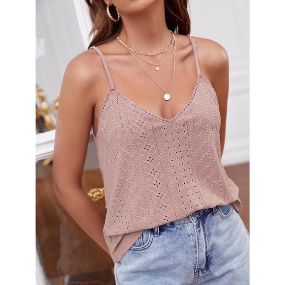 boho Eyelet Embroidery Contrast Guipure Lace Scallop Trim Cami tank Top white - Picture 8 of 11